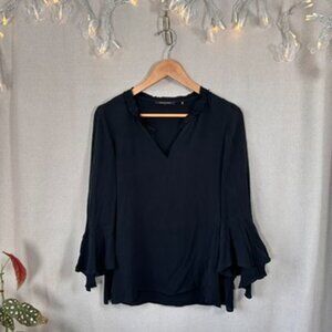 Kobi Halperin 💯 Silk Blouse M Top Black Shia Ruffled Cuffs Sheer quiet luxury